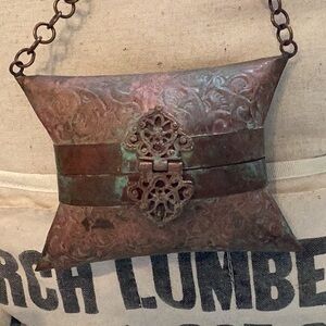 Vintage 1930 Pillow metal Cooper Brass purse with long chain and velvet interior